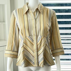 REITMANS Women's Petite Yellow Black White Stripe Button Front Blouse 3/4 Sleeve